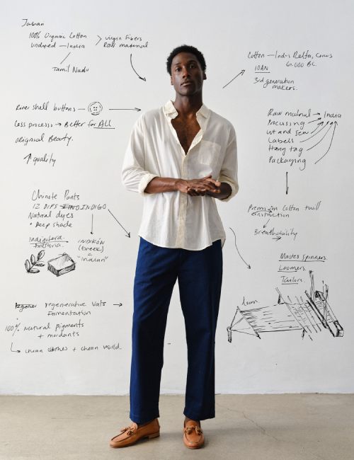 Man wearing the IOAN undyed Madras button-down shirt, chino pants, and brown leather loafers, standing in front of a white wall covered with handwritten notes and sketches.