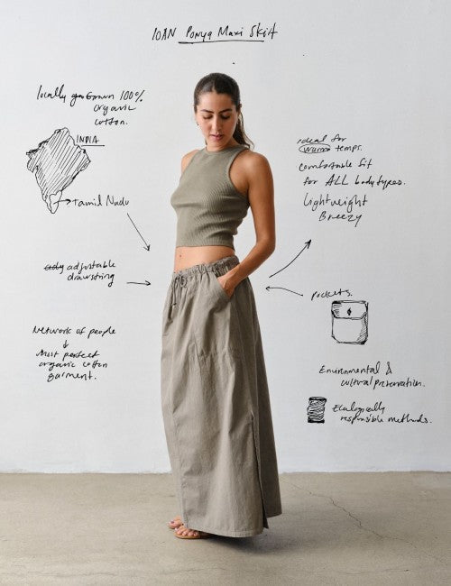 A woman wearing IOAN sleeveless olive green tank top and Ponya Maxi Skirt, with handwritten notes and diagrams around her on a white wall.