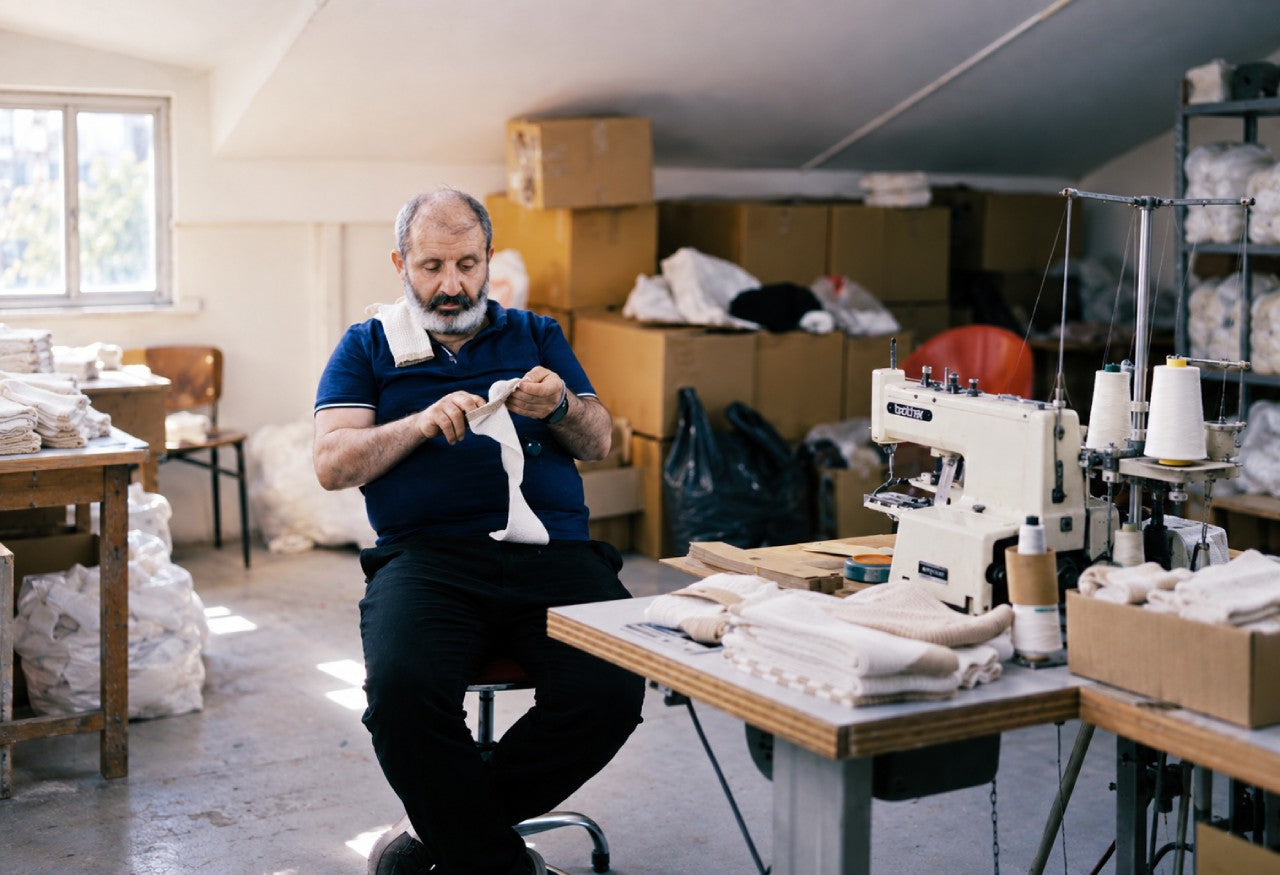 A man with a beard sits at a sewing table in a workshop, holding white fabric pieces. A cream-colored industrial sewing machine is on the table in front of him, surrounded by sewing supplies, cardboard boxes, and other garments in a bright, slightly cluttered room.
