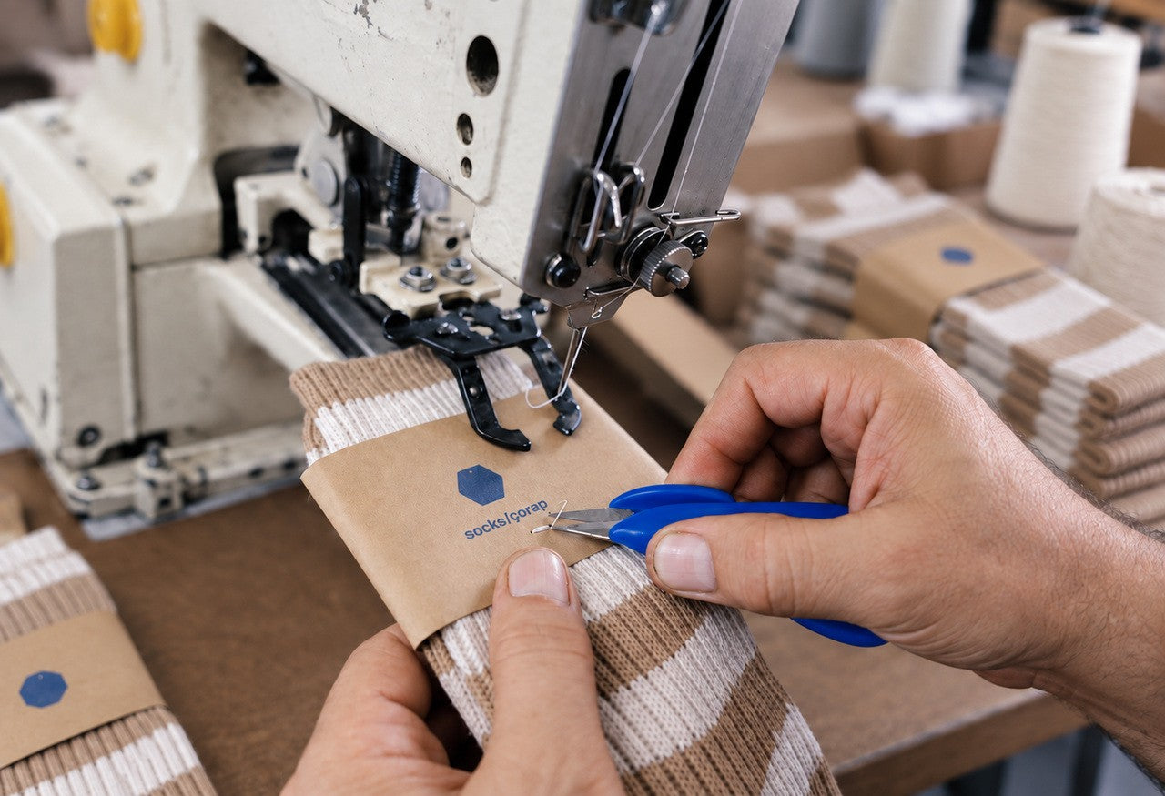 A close-up of a person's hands using blue scissors to trim a kraft paper band with a blue logo from a striped beige and white woven fabric. A large industrial sewing machine is visible in the background of what appears to be a textile workshop.