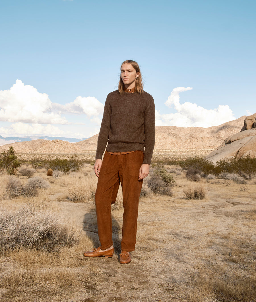 Model wearing a brown sweater and camel-colored trousers standing in a desert landscape - Industry of All Nations