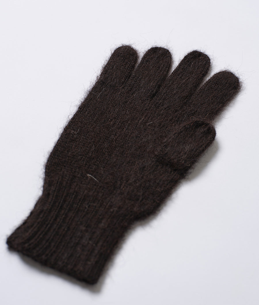 A close-up image of a pair of brown knitted gloves laid flat against a plain background - Industry of All Nations
