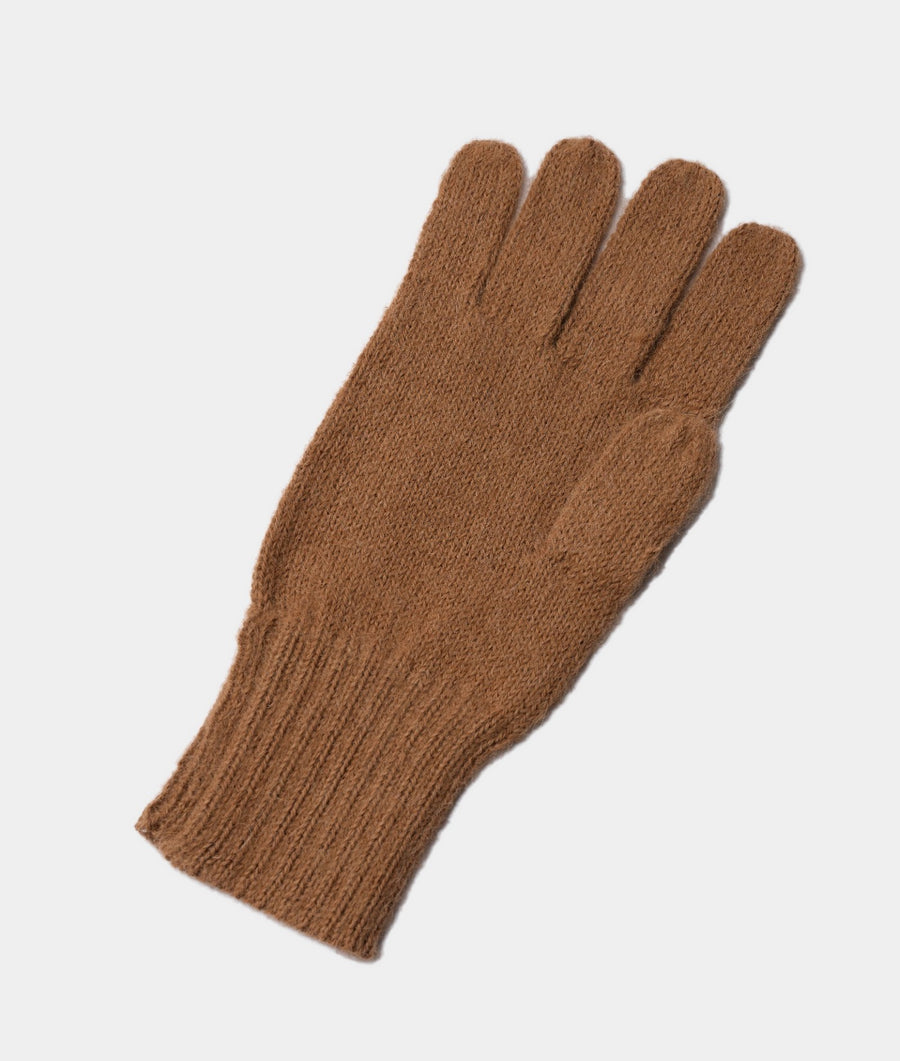 A pair of brown knitted gloves displayed flat against a white background - Industry of All Nations