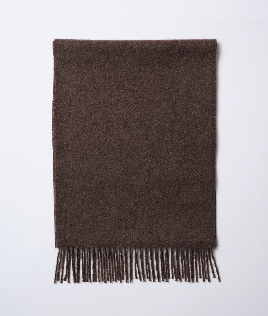 A rectangular, dark brown wool scarf with frayed edges, displayed on a flat surface against a white background - Industry of All Nations
