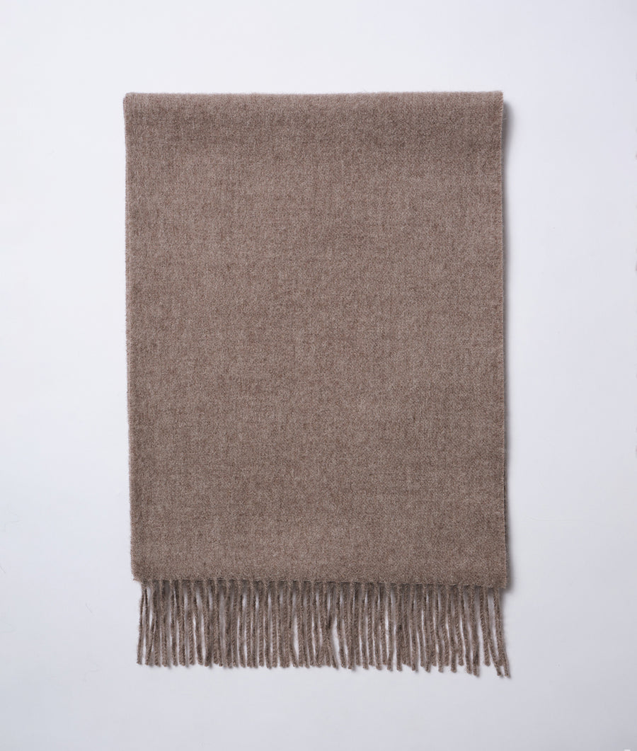 Rectangular brown wool scarf with fringed edges displayed on a white background - Industry of All Nations