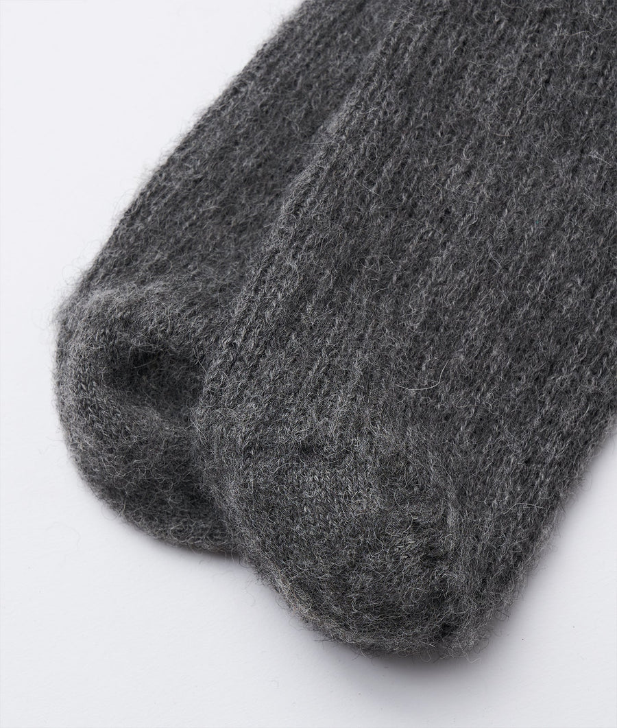 Close-up detail shot of a grey, woolen sock from Industry of All Nations.