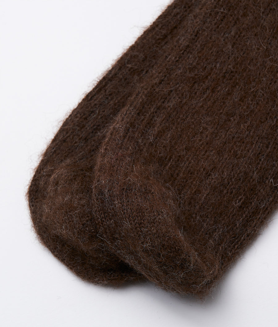 Close-up detail shot of a brown alpaca wool sock - Industry of All Nations