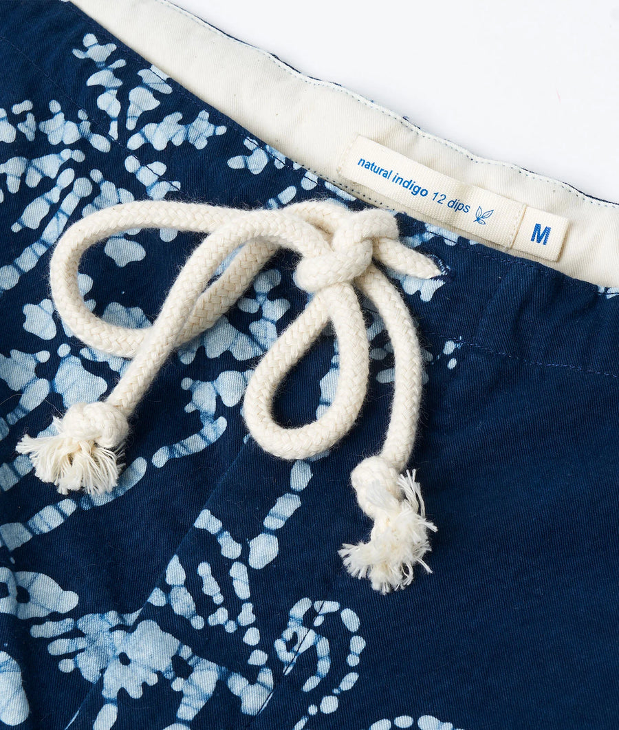 Navy blue patterned cotton shorts with drawstring waist, displayed flat lay - Industry of All Nations