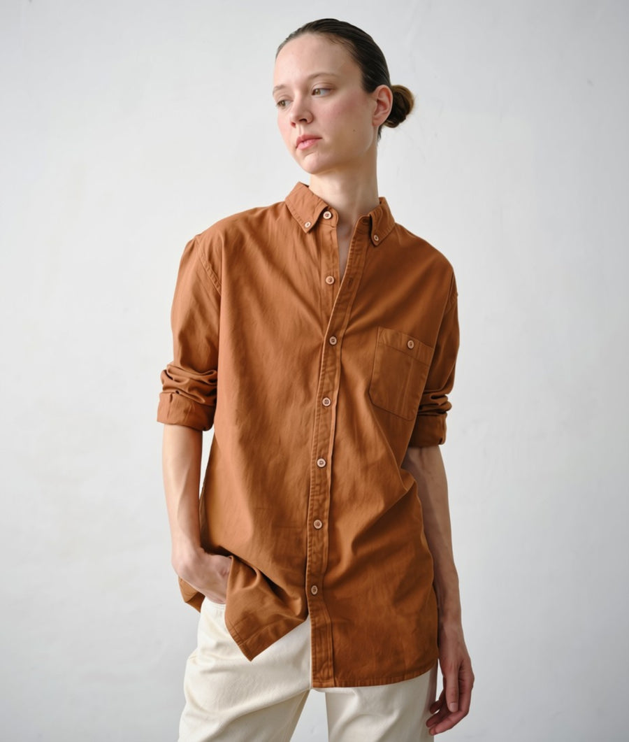 Woman wearing IOAN Classic Madras Shirt in Acacia