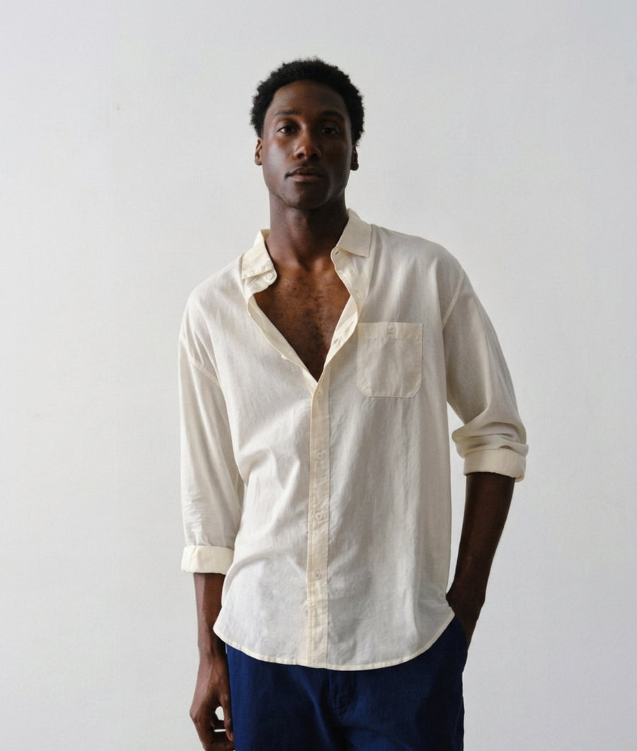 Man wearing IOAN Classic Madras Shirt in organic cotton