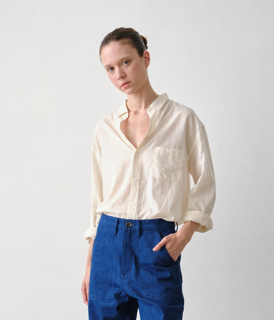 Woman wearing Classic Madras Shirt in Undyed