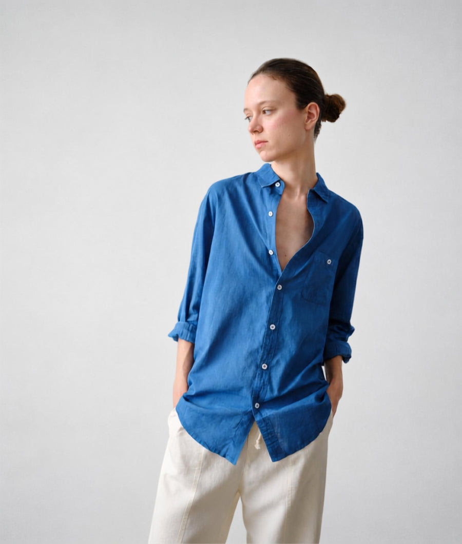 Woman wearing the IOAN Classic Madras Lightweight long-sleeve shirt in Indigo 6