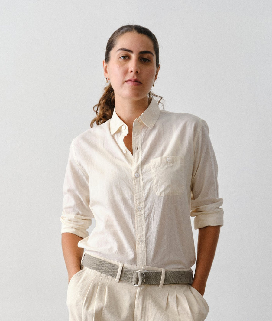 Woman wearing the IOAN Classic Madras long-sleeve shirt in Undyed