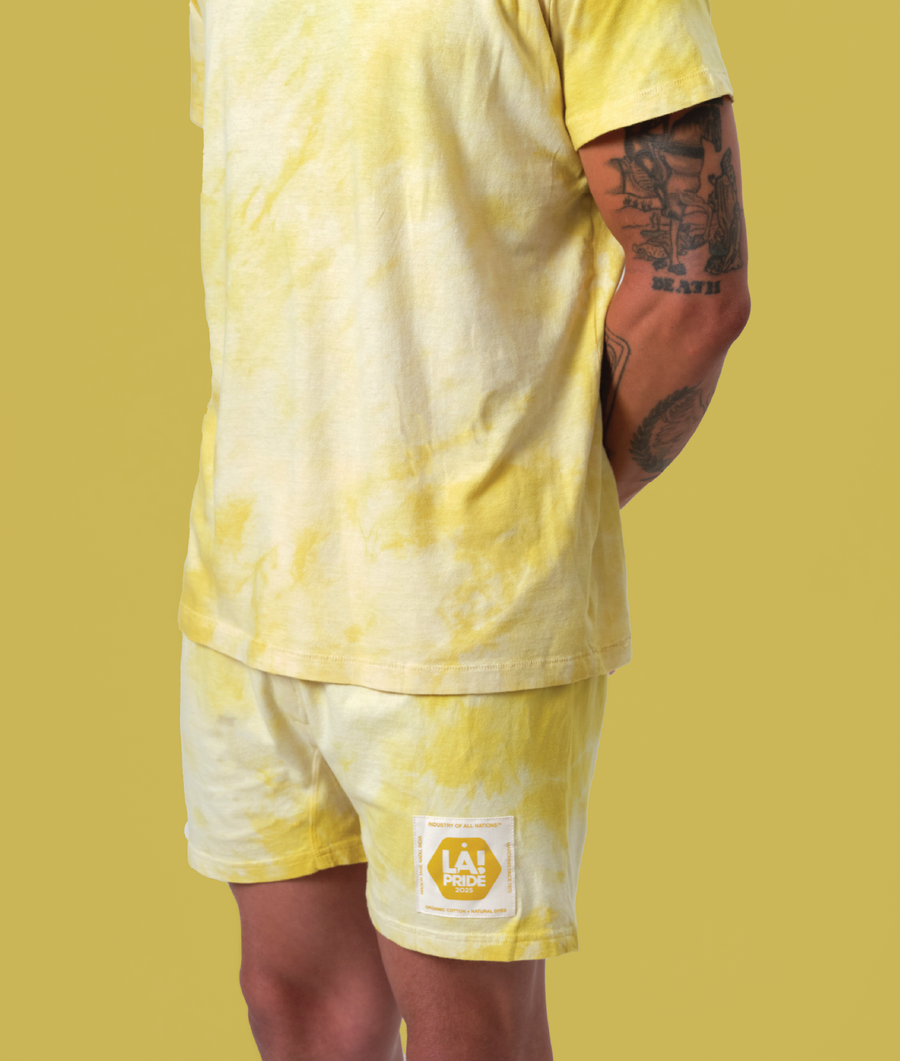 Yellow tie-dye shorts with LA Pride patch - Industry of All Nations
