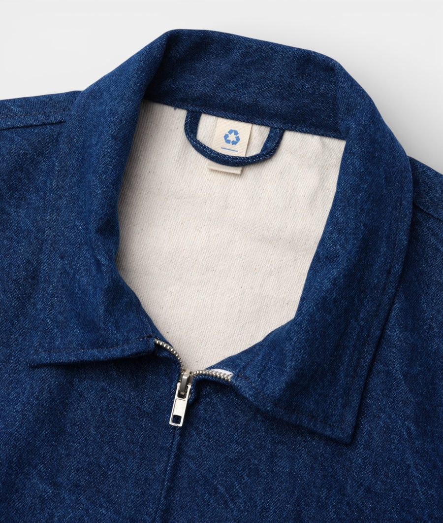 Dark blue denim jacket with zippered front and recycling symbol detail - Industry of All Nations