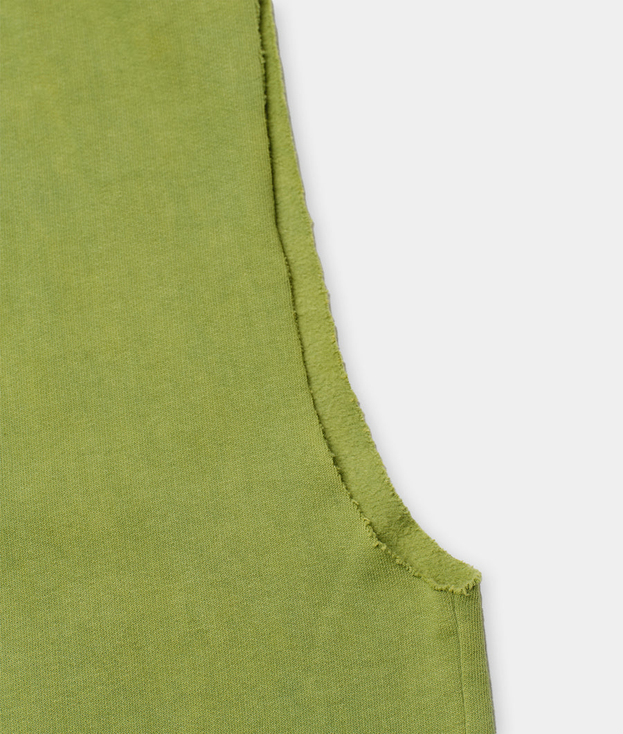 Closeup of a green, sleeveless athletic top made of organic cotton, displayed flat - Industry of All Nations