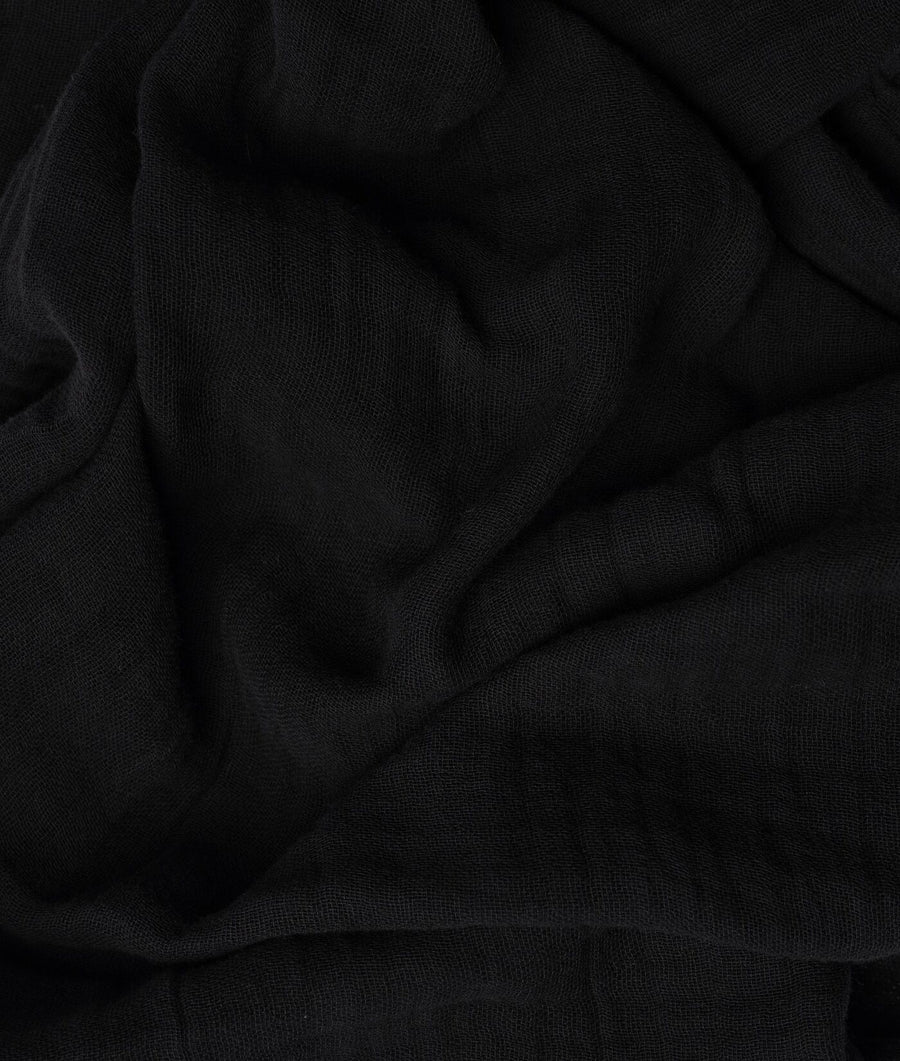 A close-up black and white image of a dark-colored, folded textile - Industry of All Nations