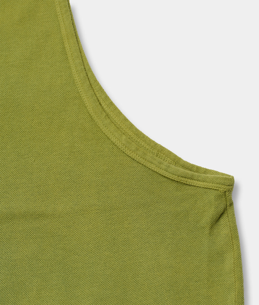 Close-up detail shot of a green crew-neck organic cotton sweater - Industry of All Nations