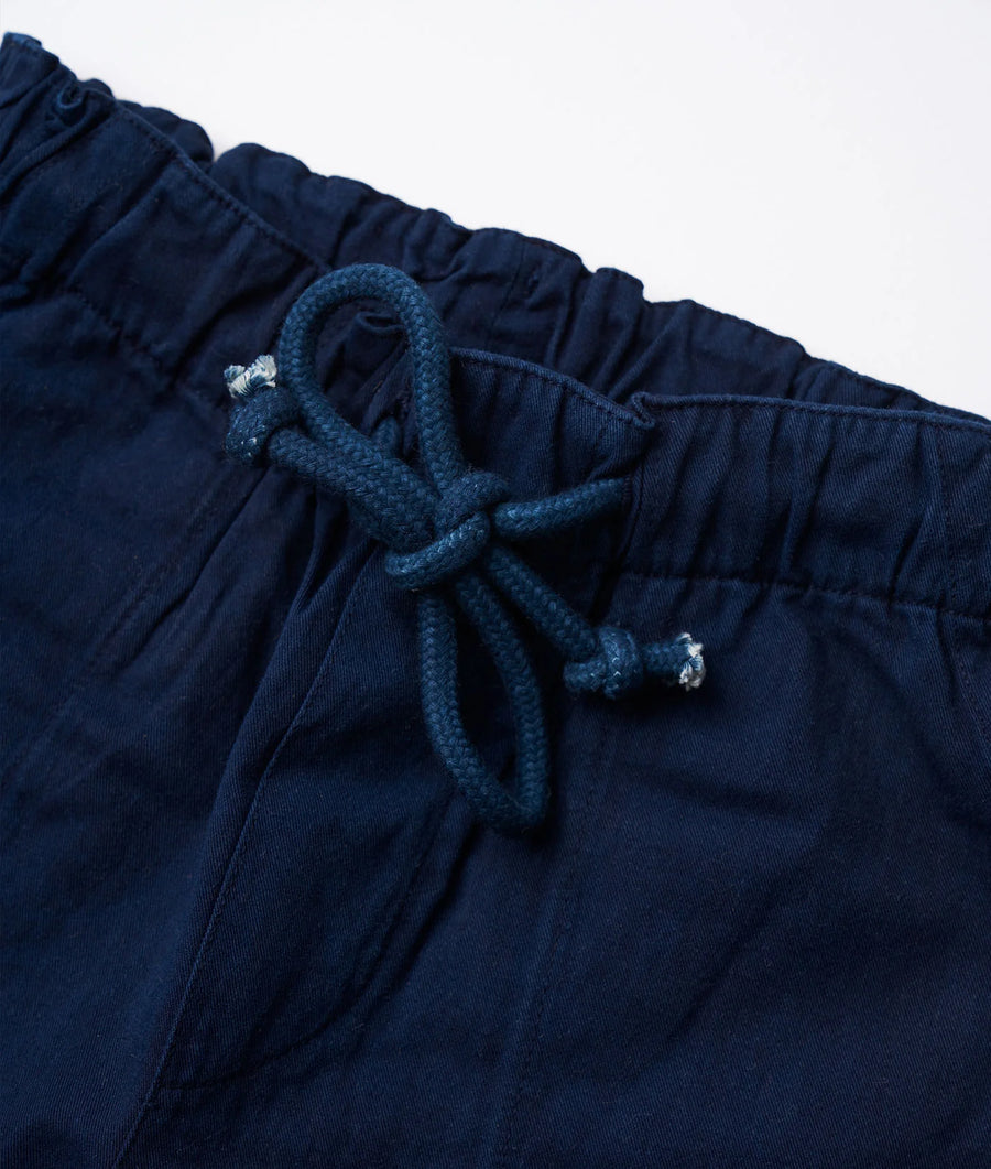 Navy blue organic cotton drawstring shorts with tied cord detail - Industry of All Nations