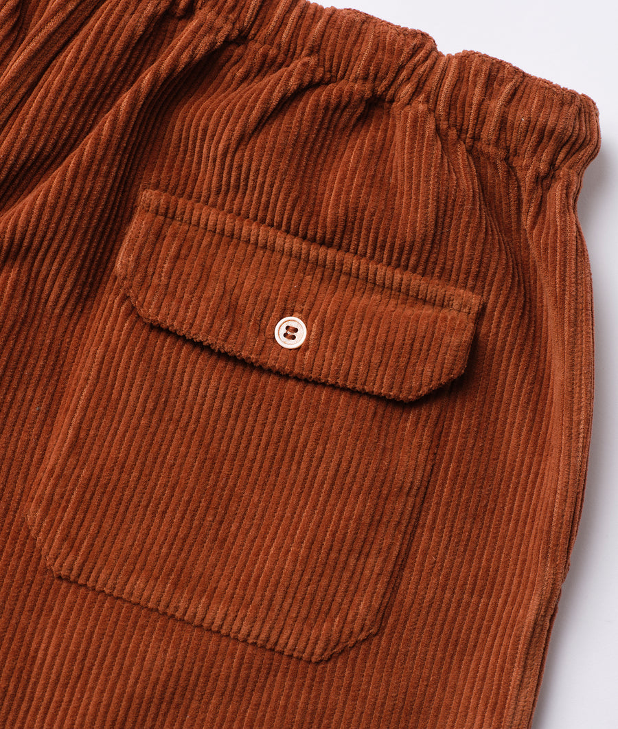 A close-up detail shot of a pair of rust-colored corduroy pants with a pocket on the front - Industry of All Nations