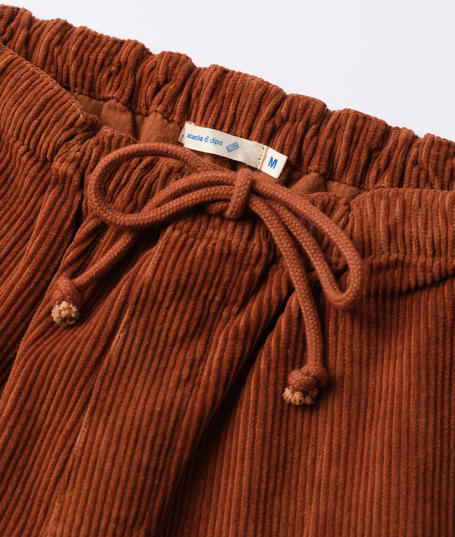 Rust-colored corduroy drawstring shorts in close-up detail shot - Industry of All Nations