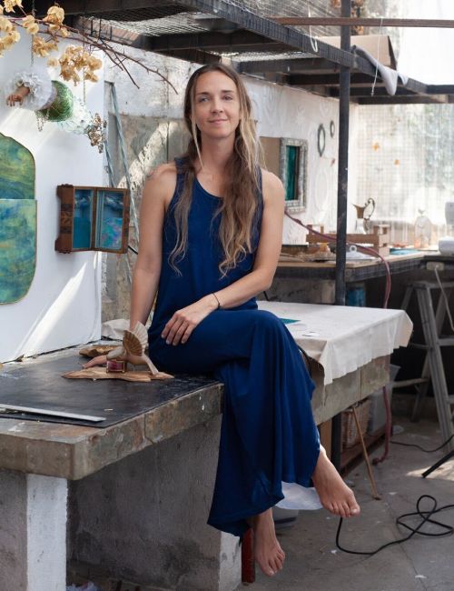 Artist Clara de Tezanos in Pique Tank Dress, Indigo 12