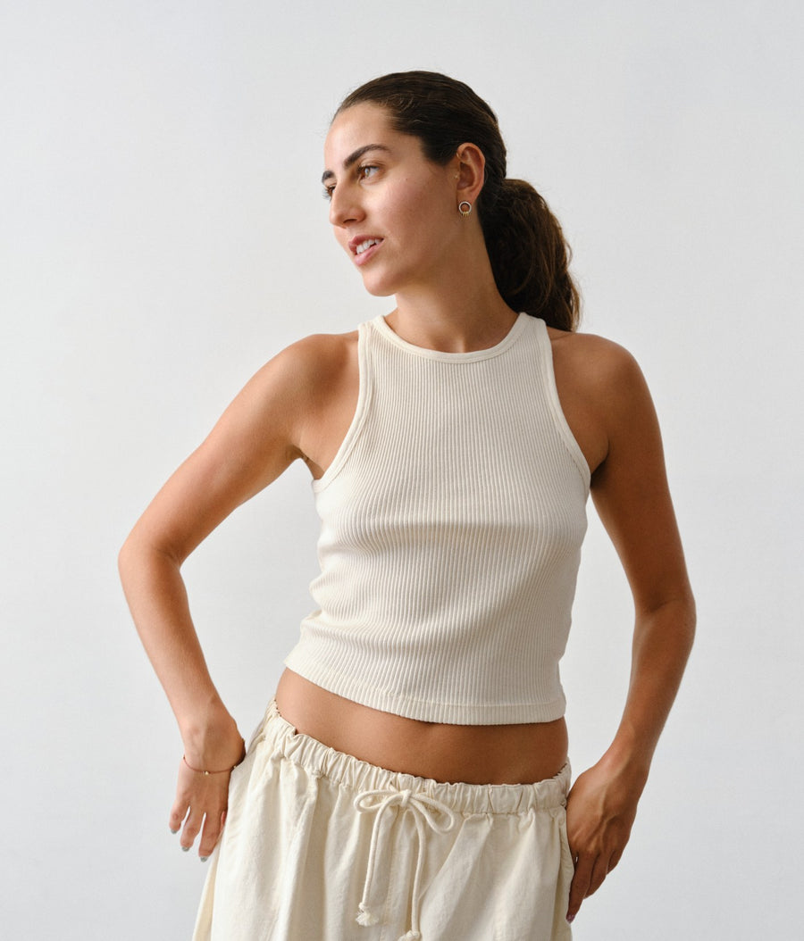 Woman wearing Rib Tank in Undyed