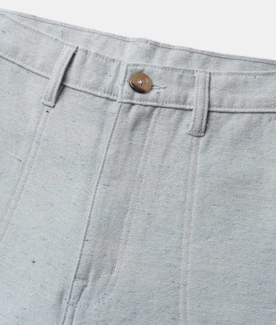A close-up detail shot of a pair of gray cotton pants from Industry of All Nations.