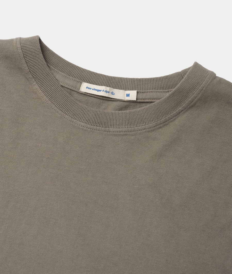 Flat lay of a medium-sized khaki/olive green cotton crew neck sweater by Industry of All Nations.