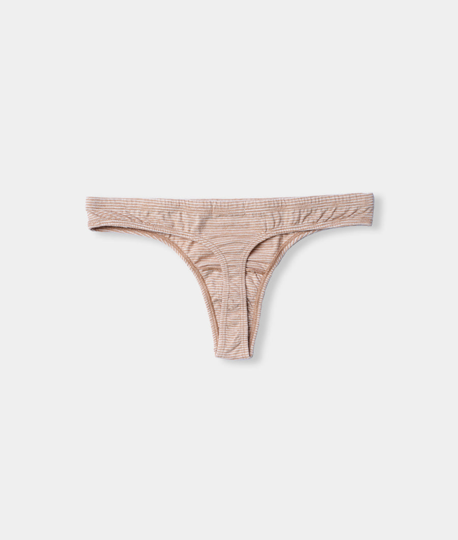 Tan striped organic cotton thong underwear, displayed flat on a plain white background - Industry of All Nations