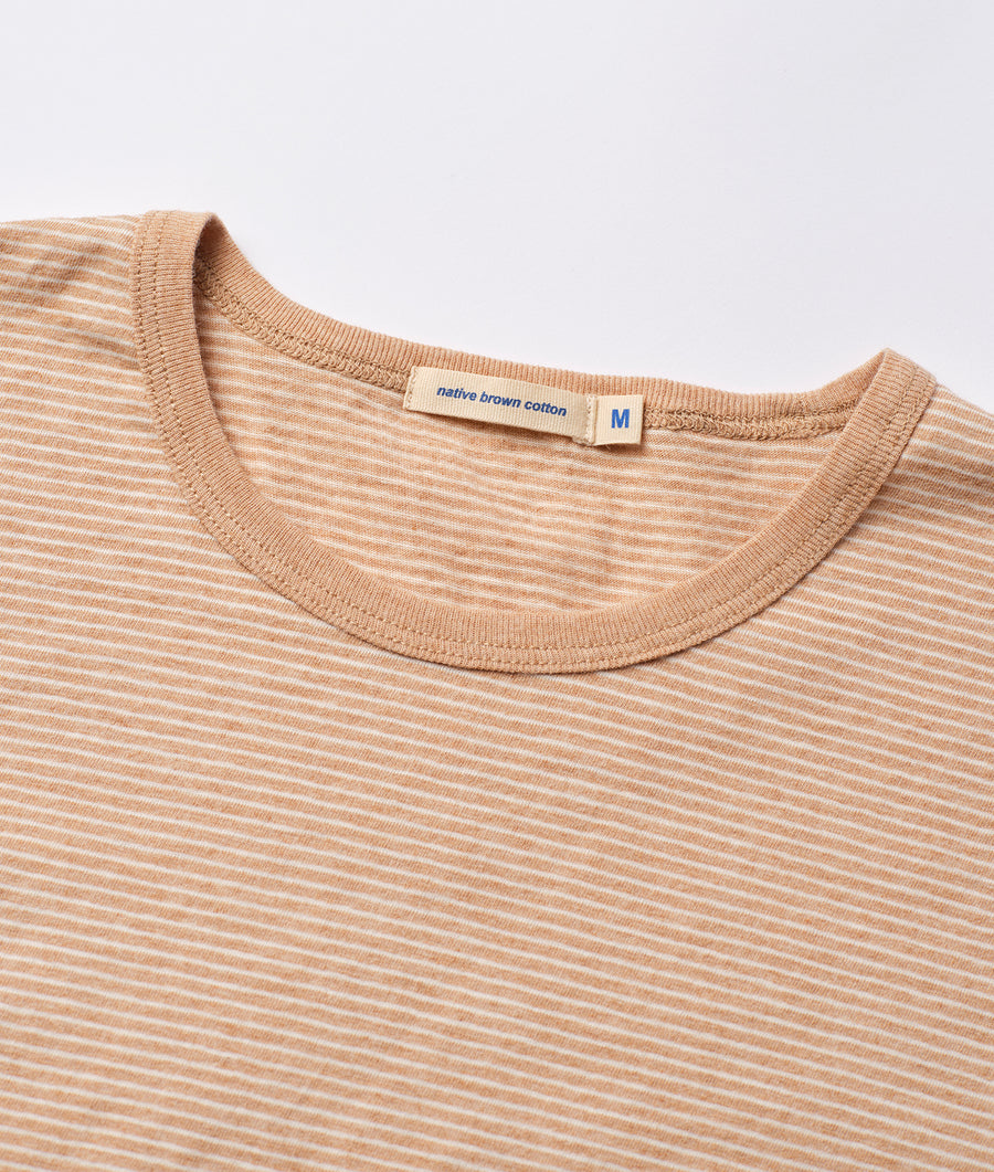 Striped tan cotton t-shirt with "native brown cotton" label displayed flat - Industry of All Nations
