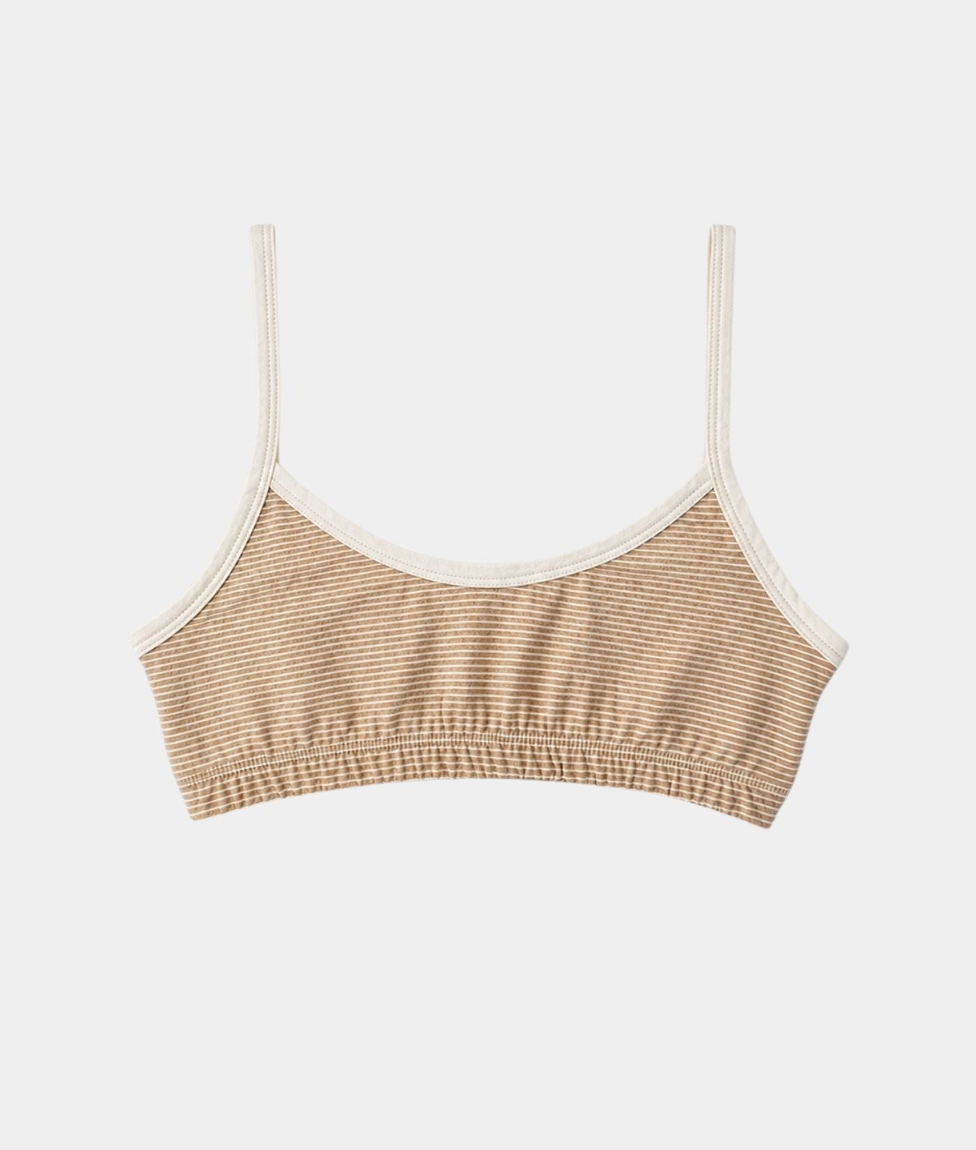 IOAN Wild Sport Bralette, a beige and white horizontally striped ribbed knit bralette with thin cream straps, shown flat against a light gray background.**
