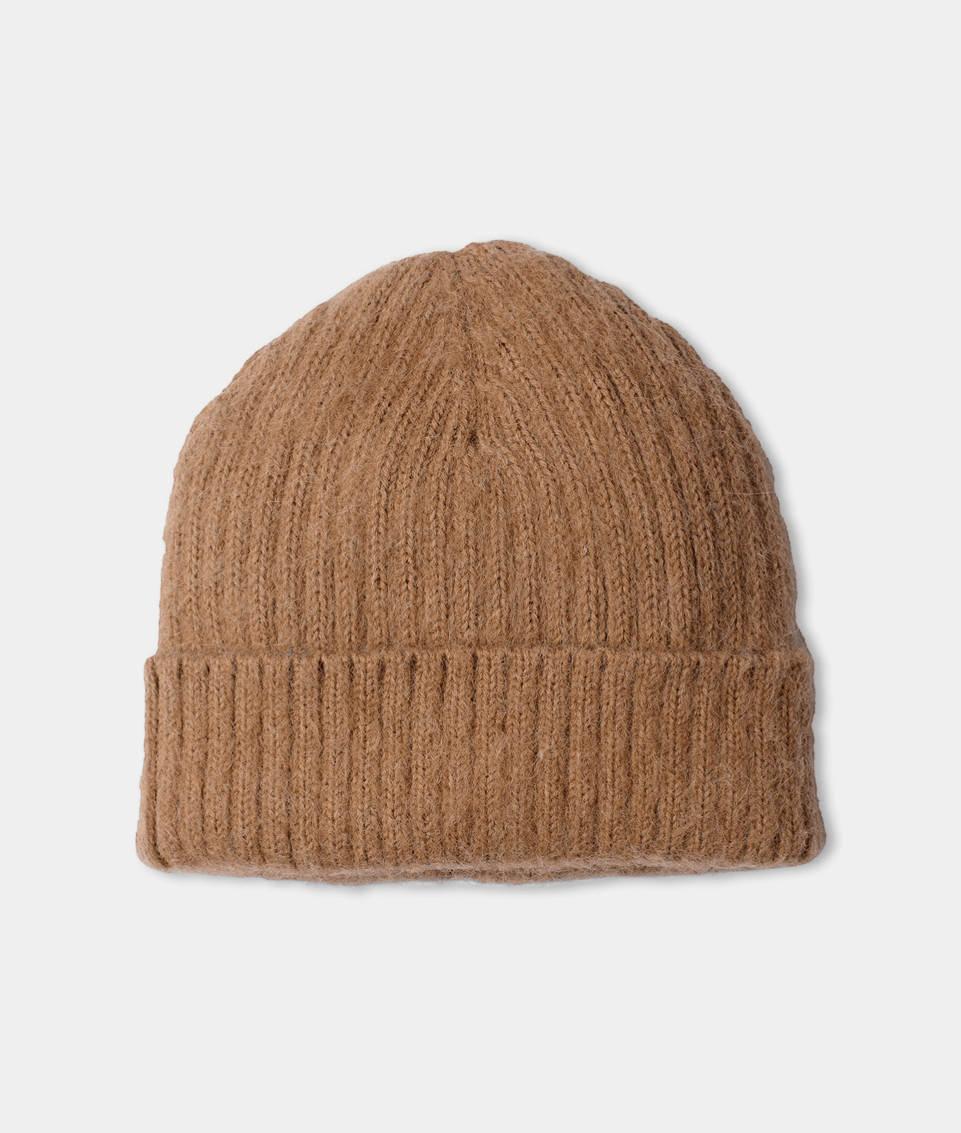A beige knitted hat in a ribbed pattern, displayed on a flat surface. - Industry of All Nations