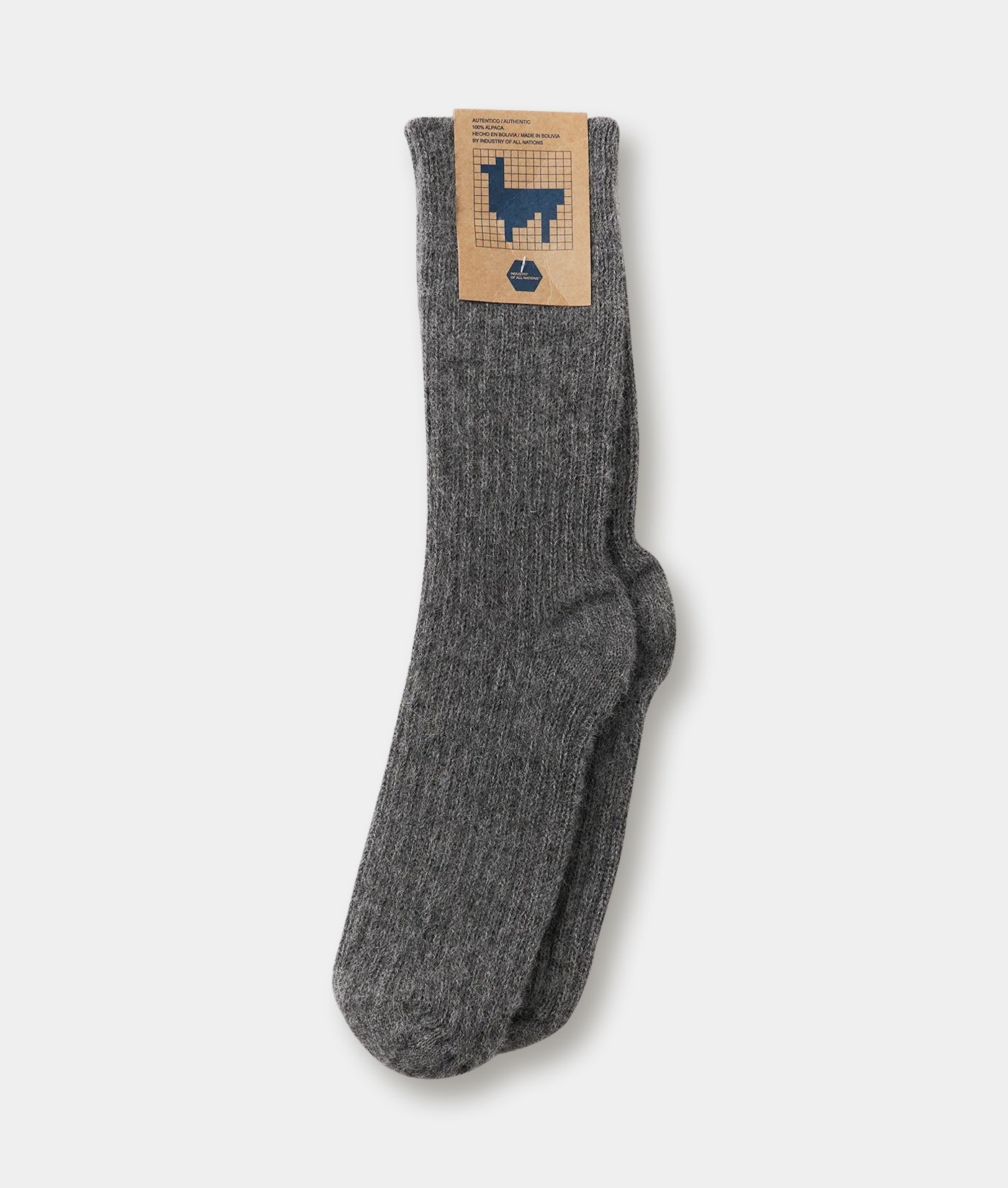 Gray wool socks with a geometric llama pattern displayed on a flat surface - Industry of All Nations