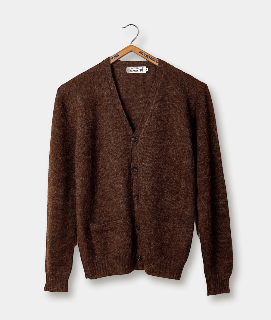 A brown alpaca wool knit cardigan sweater displayed on a hanger - Industry of All Nations