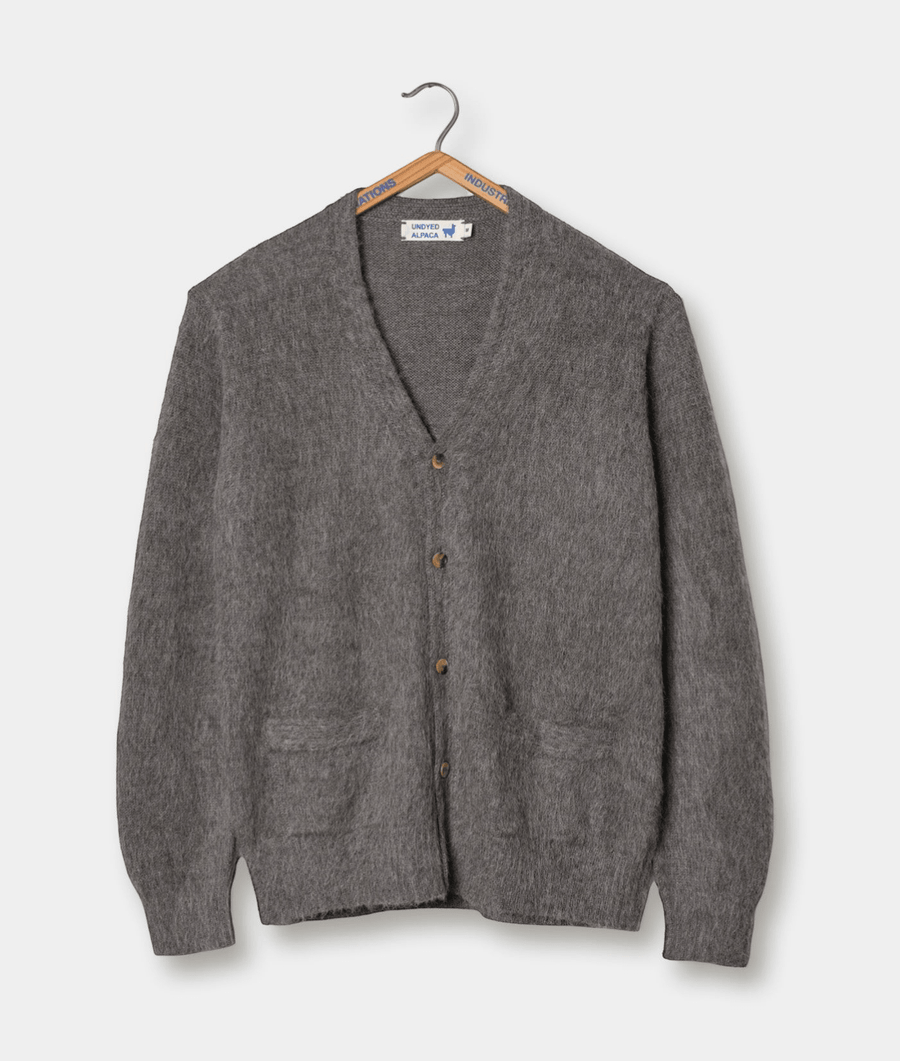 Gray wool cardigan sweater displayed on a hanger - Industry of All Nations