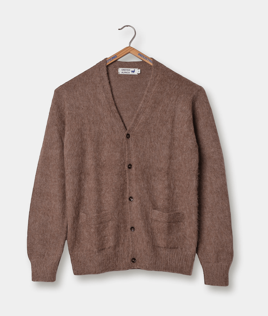 Brown alpaca knit cardigan sweater displayed on a hanger - Industry of All Nations