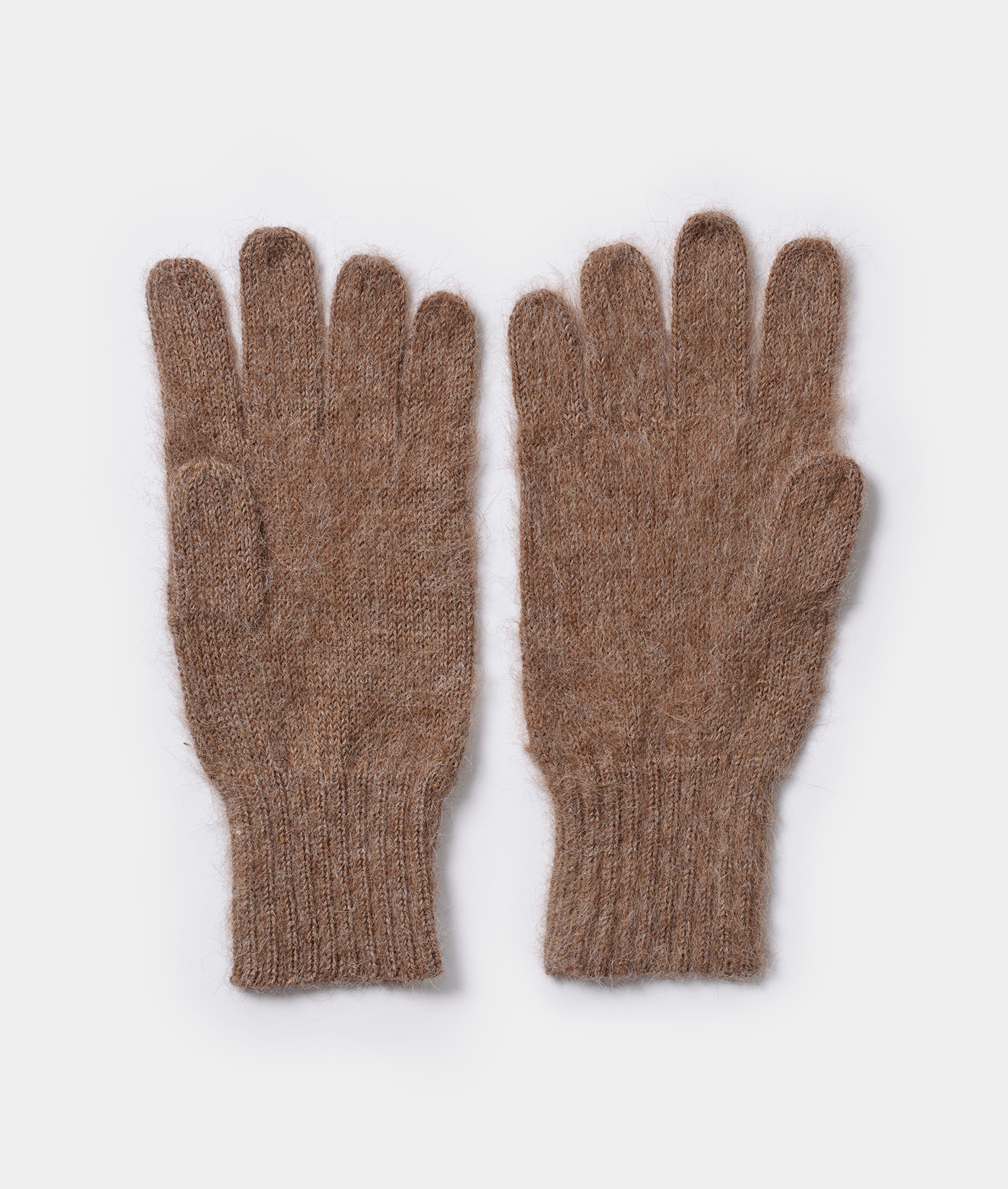 A pair of brown knitted gloves displayed on a white background - Industry of All Nations