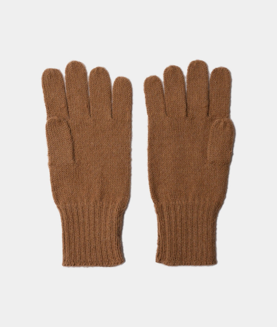 A pair of brown knitted gloves displayed flat against a white background - Industry of All Nations