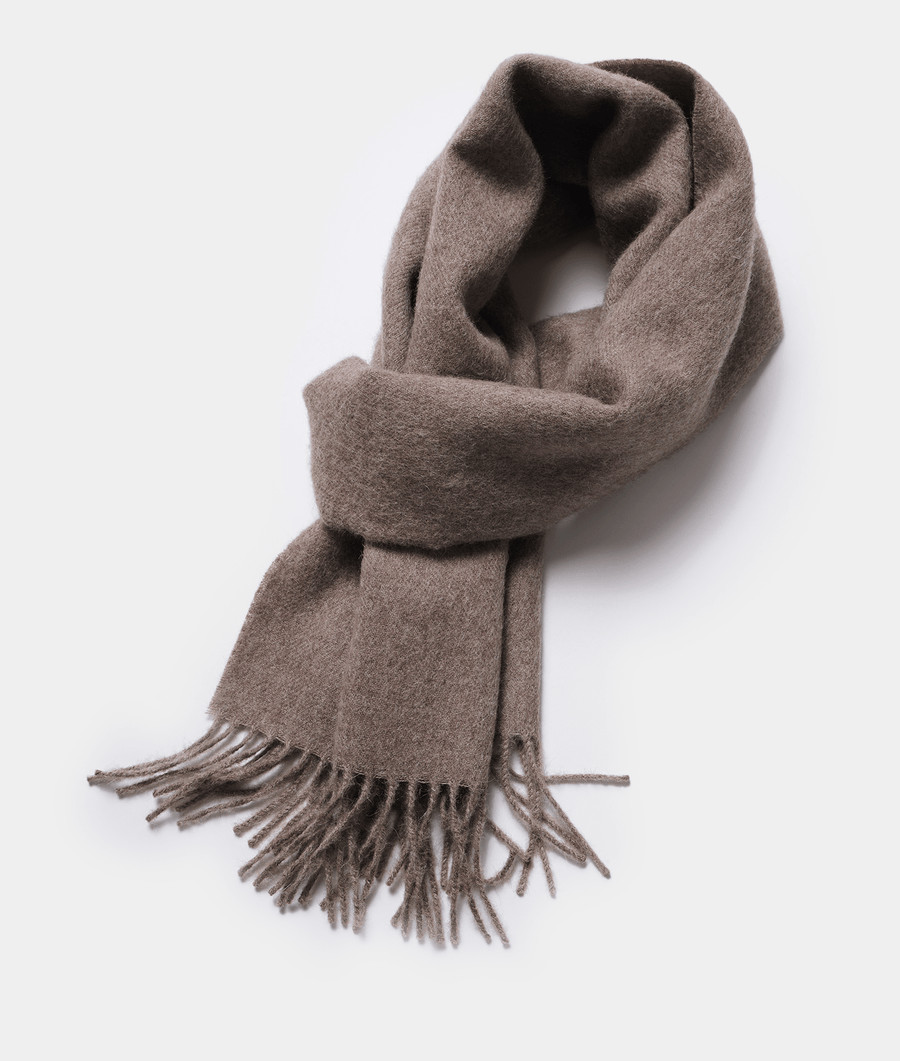 Tan-colored woven wool scarf with fringe, displayed as a flat lay - Industry of All Nations