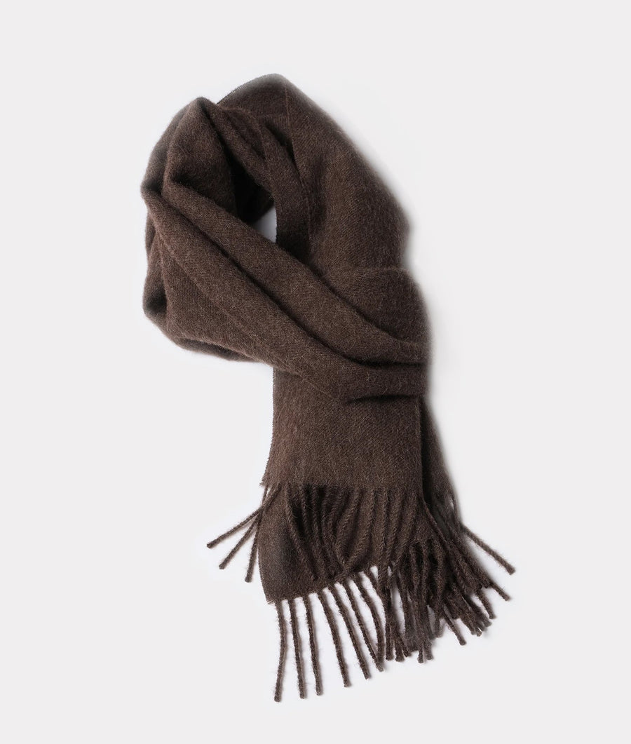 Dark brown wool scarf with fringe, displayed in a flat lay - Industry of All Nations