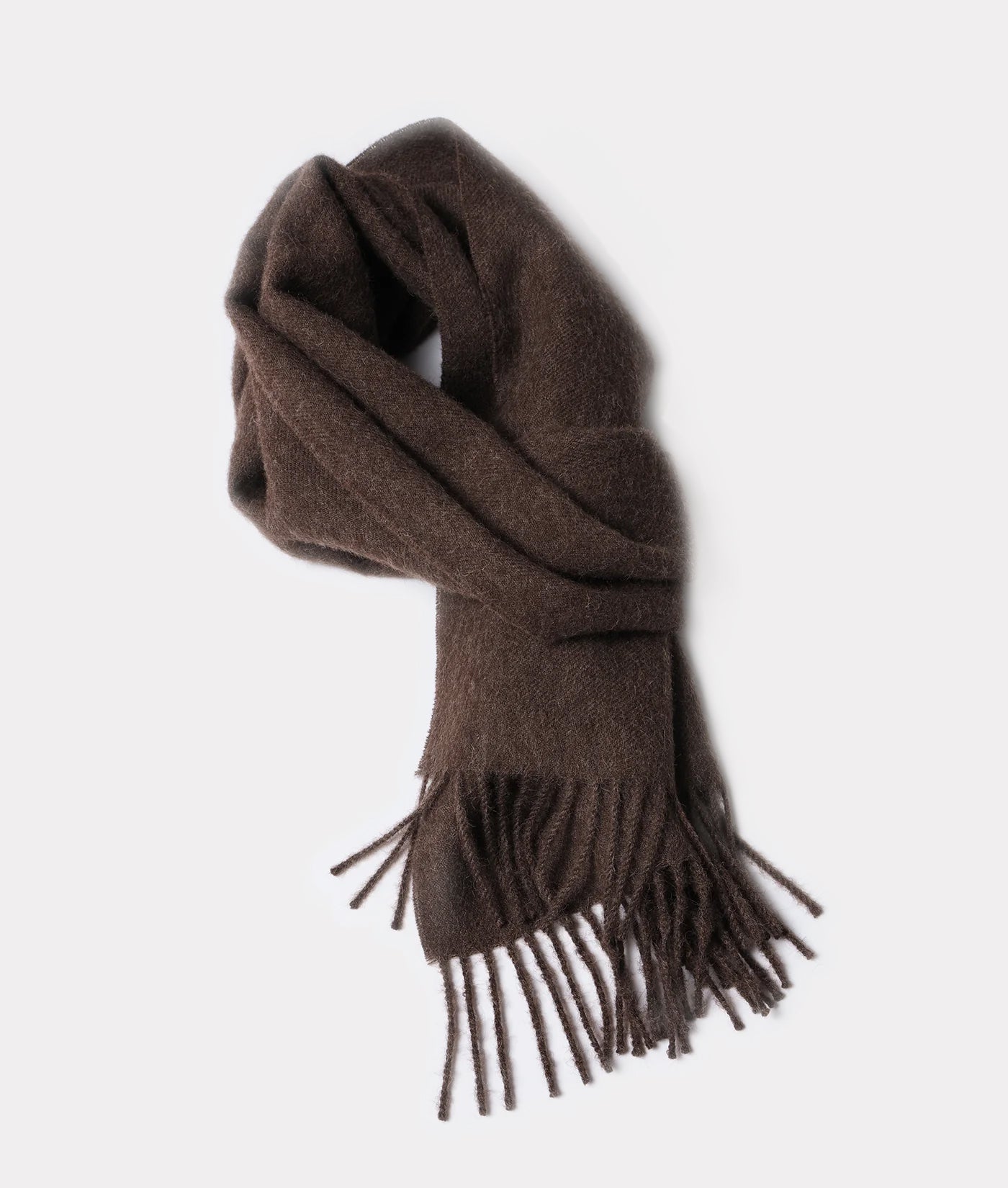 Dark brown wool scarf with fringe, displayed in a flat lay - Industry of All Nations