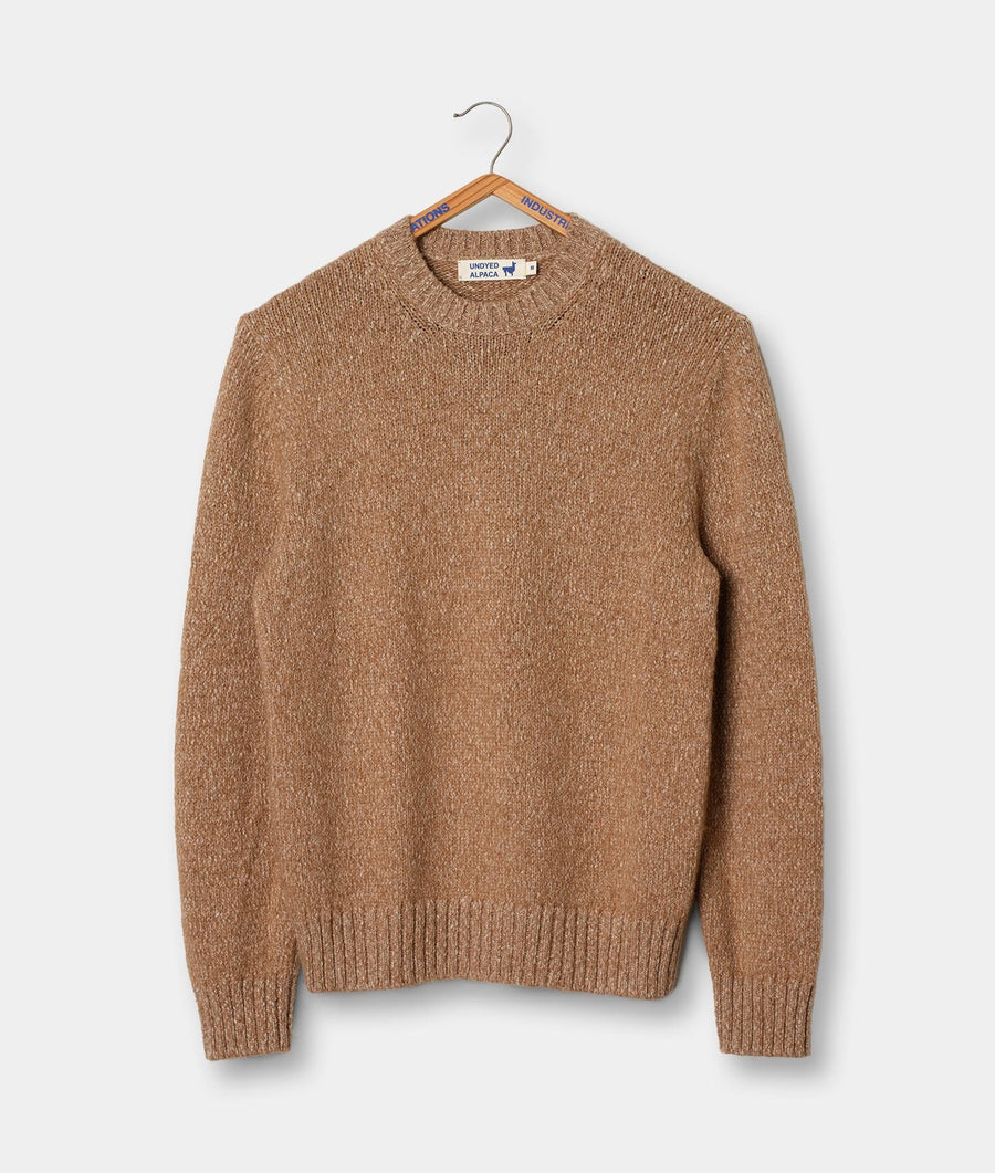 Brown woolen crew neck sweater displayed on a clothes hanger - Industry of All Nations