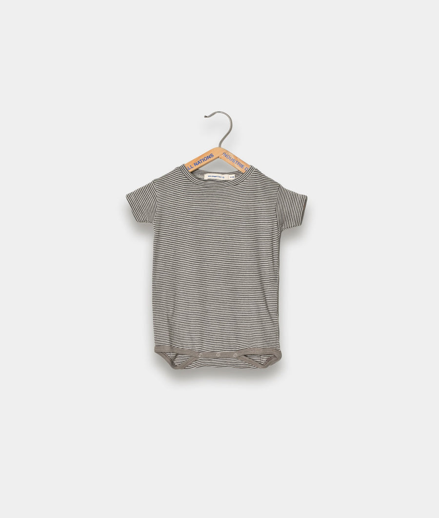 A grey and white striped short-sleeve t-shirt displayed on a hanger - Industry of All Nations