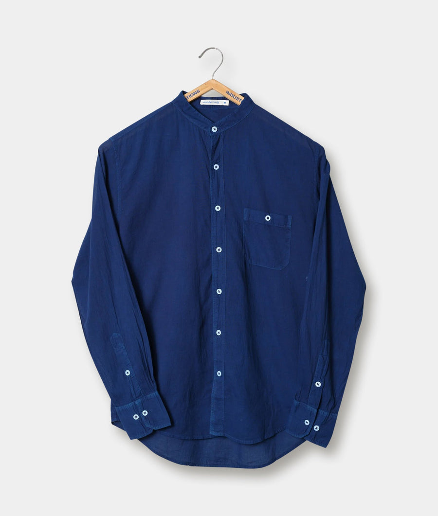Navy blue long-sleeved shirt with a single chest pocket, displayed on a hanger - Industry of All Nations