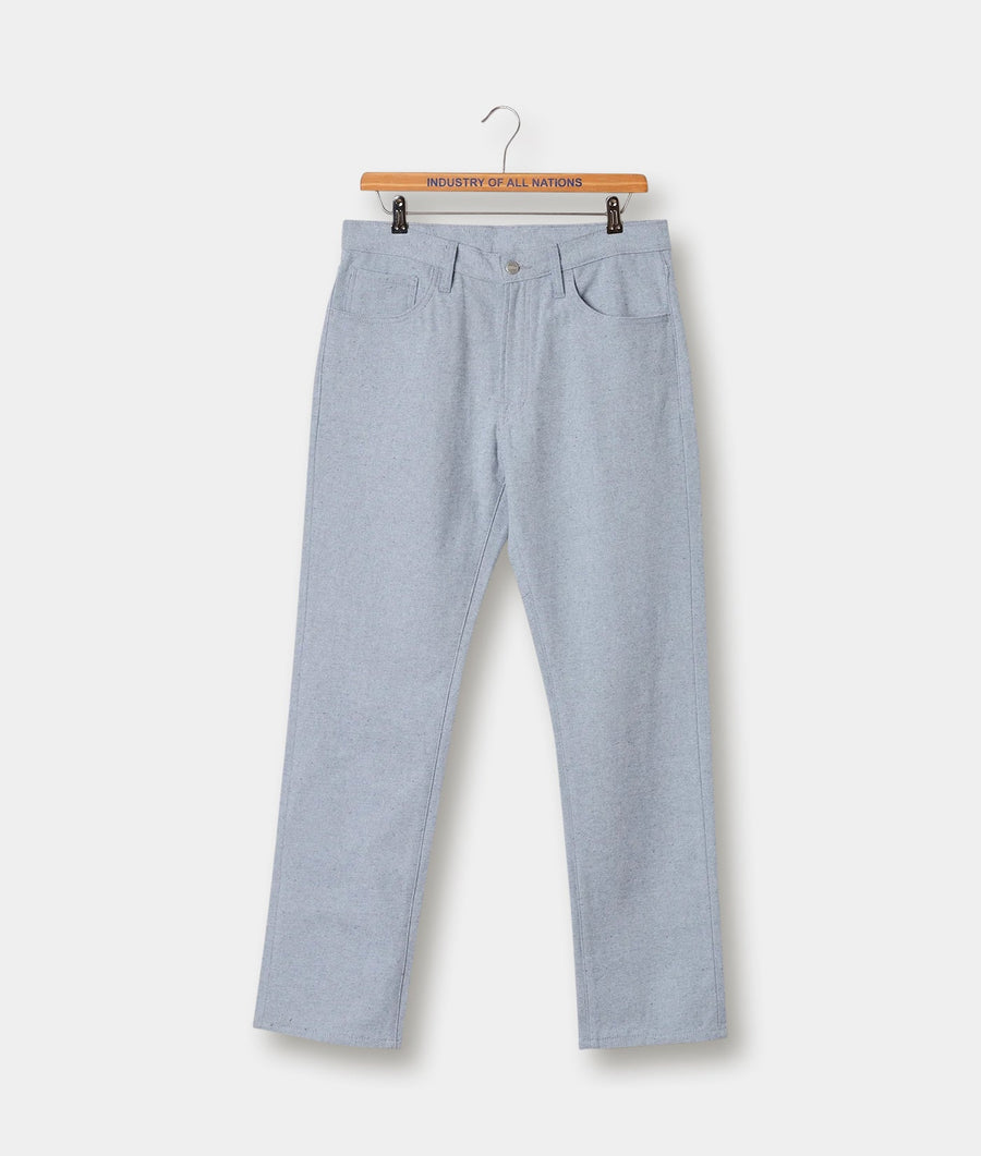 Gray cotton pants displayed on a hanger with a wooden "Industry of All Nations" label - Industry of All Nations