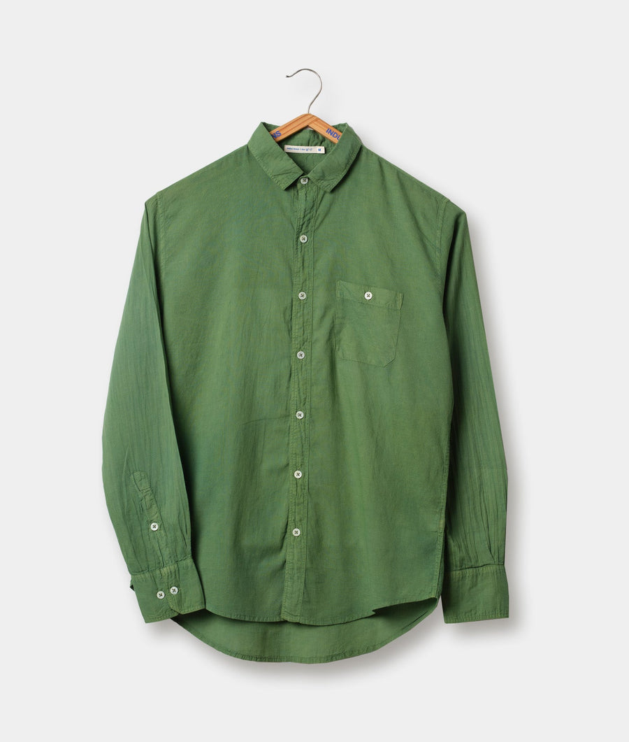 Green button-down shirt hanging on a wooden hanger - Industry of All Nations