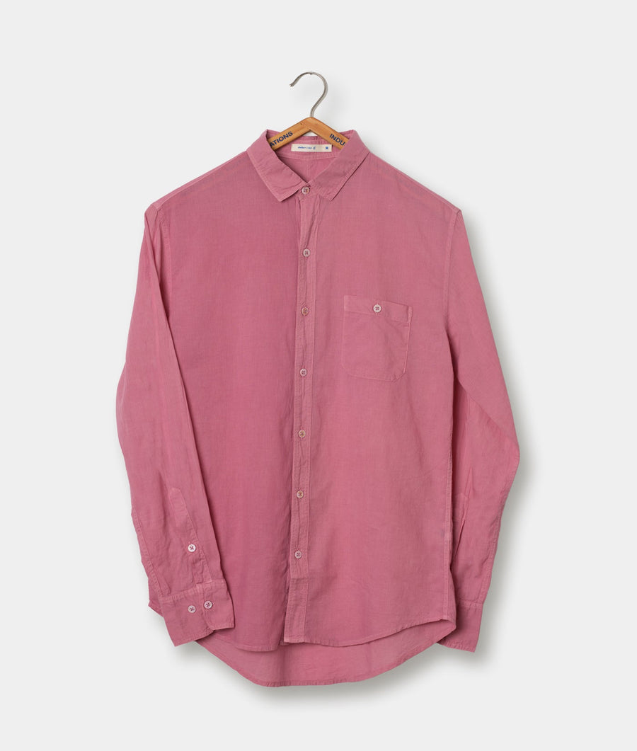 Pink long-sleeved button-down shirt hanging on a hanger against a white background - Industry of All Nations