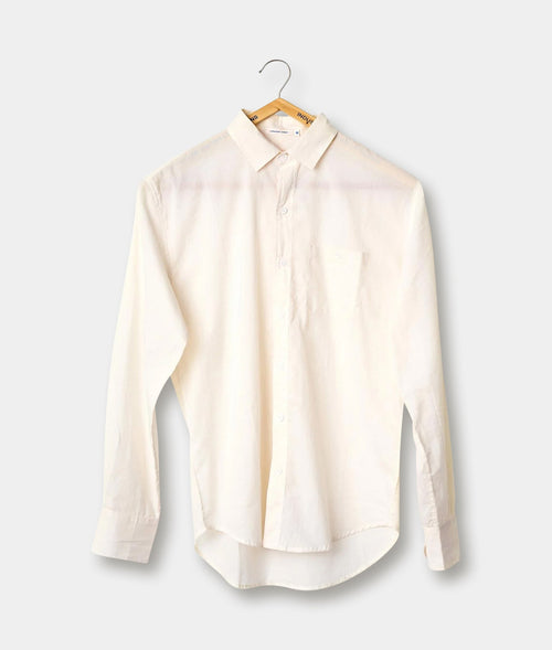 A white button-down shirt displayed on a hanger against a plain background - Industry of All Nations