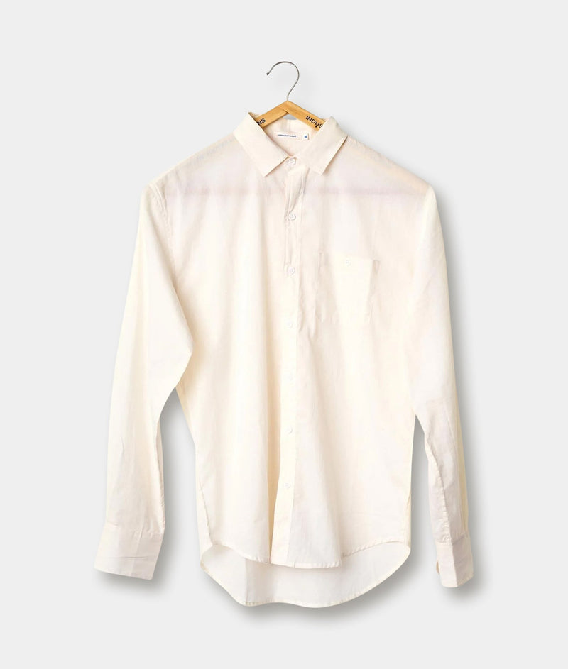 A white button-down shirt displayed on a hanger against a plain background - Industry of All Nations